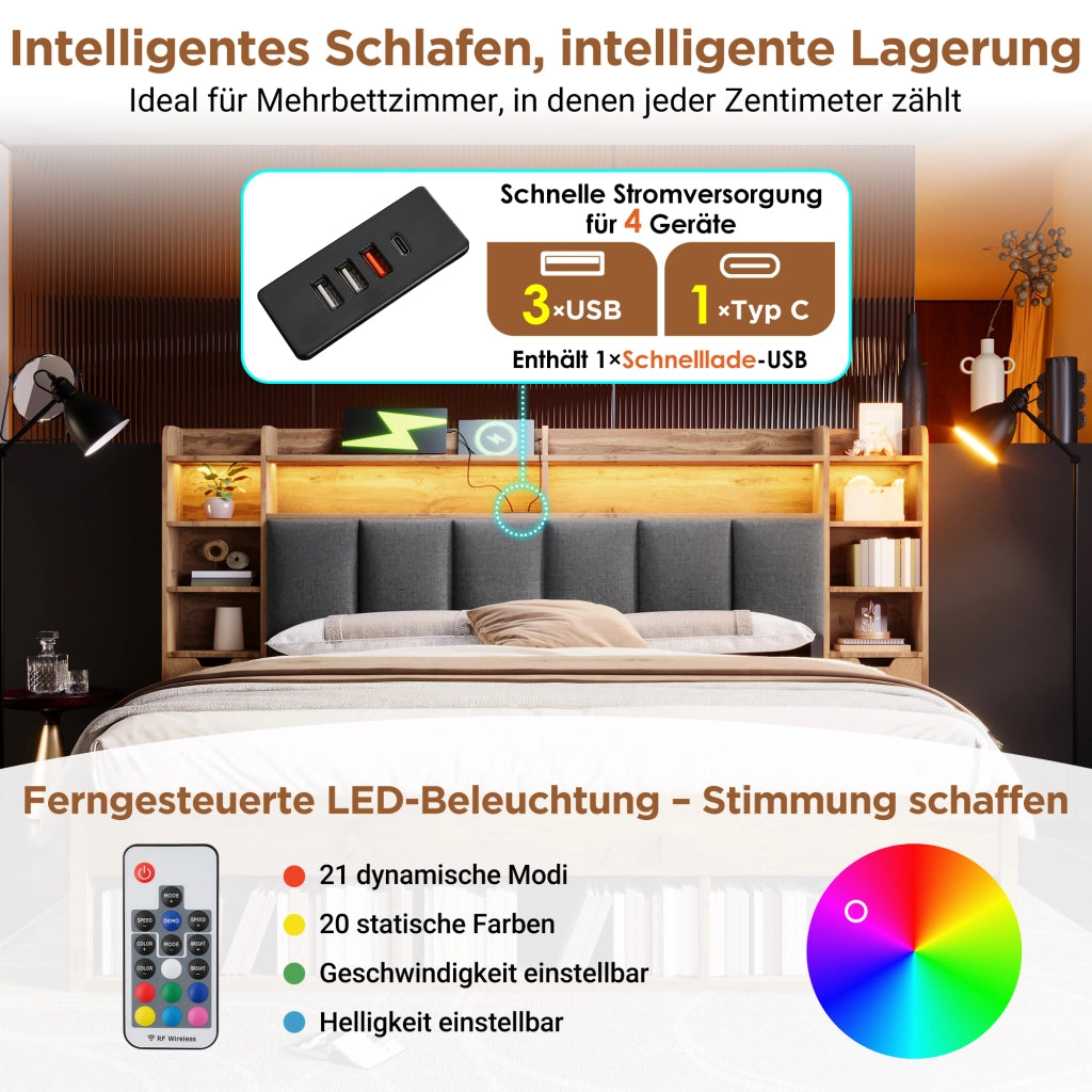 Letto Matrimoniale 180x200 cm Contenitore; LED; USB; Type-C in Legno; Rovere