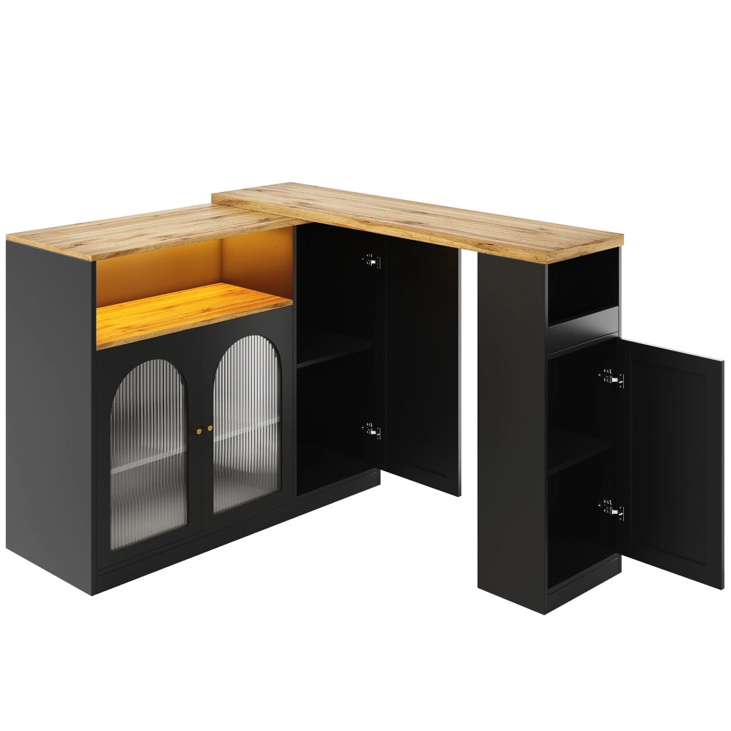 Tavolo da bar girevole 360掳 197 cm con mobile bar nero opaco; piano effetto legno; ante in vetro e LED