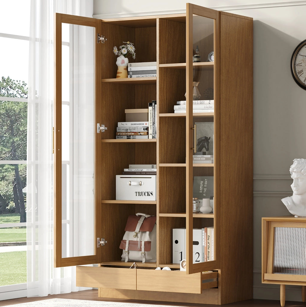 Vetrina 80x40x160 cm in MDF e vetro temperato con cassetto push-to-open