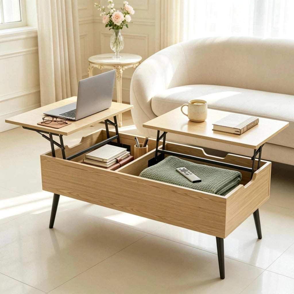 Tavolino da salotto multifunzione con piano rialzabile, effetto legno naturale e gambe in metallo nero, 100x50x43,6 cm