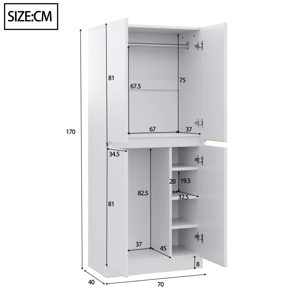 Armadio Bianco 70x40x170 cm con Doppi Ante, Ripiani e Staufach Laterale