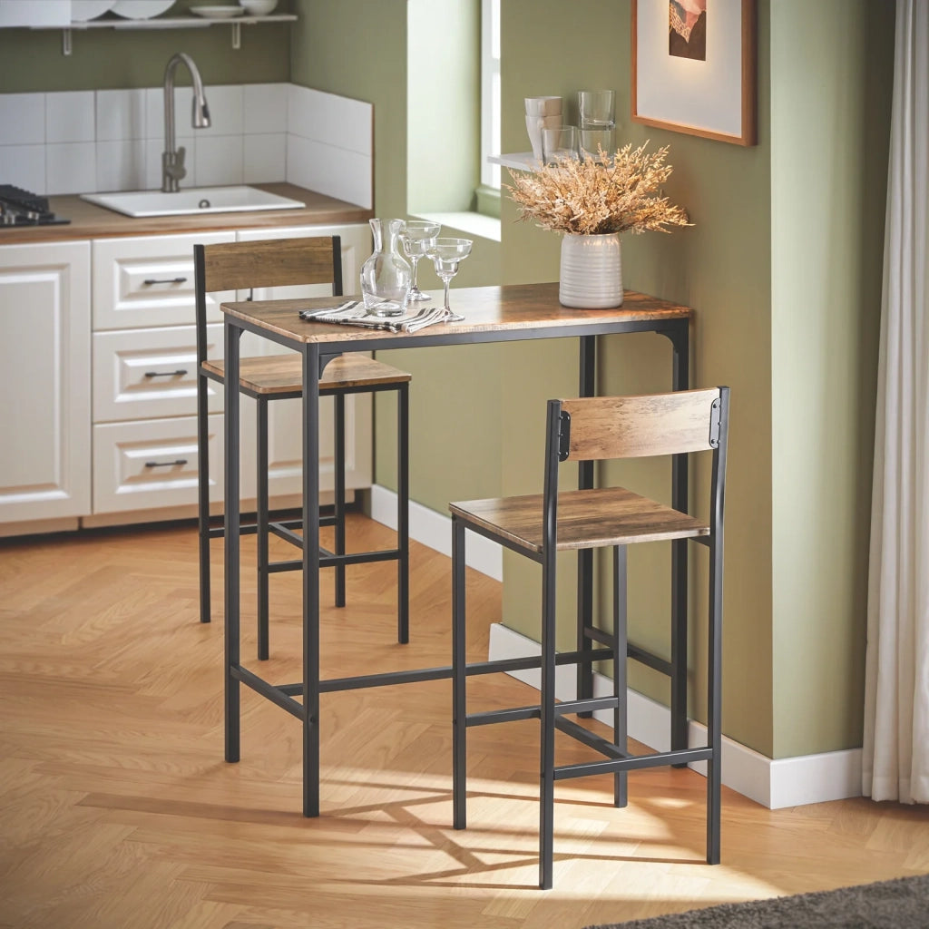 Set 3 Pezzi Tavolo con 2 sgabelli Alto Mobile Bar per casa Stile Vintage, Marrone scuro, L89*P45*,A100 cm OGT03-XL