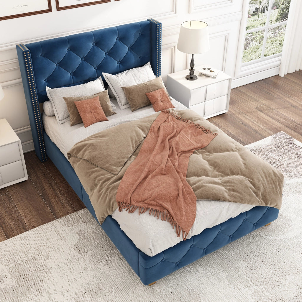 Letto per bambini imbottito 90x200 cm con rete a doghe; testiera capitonné e velluto blu