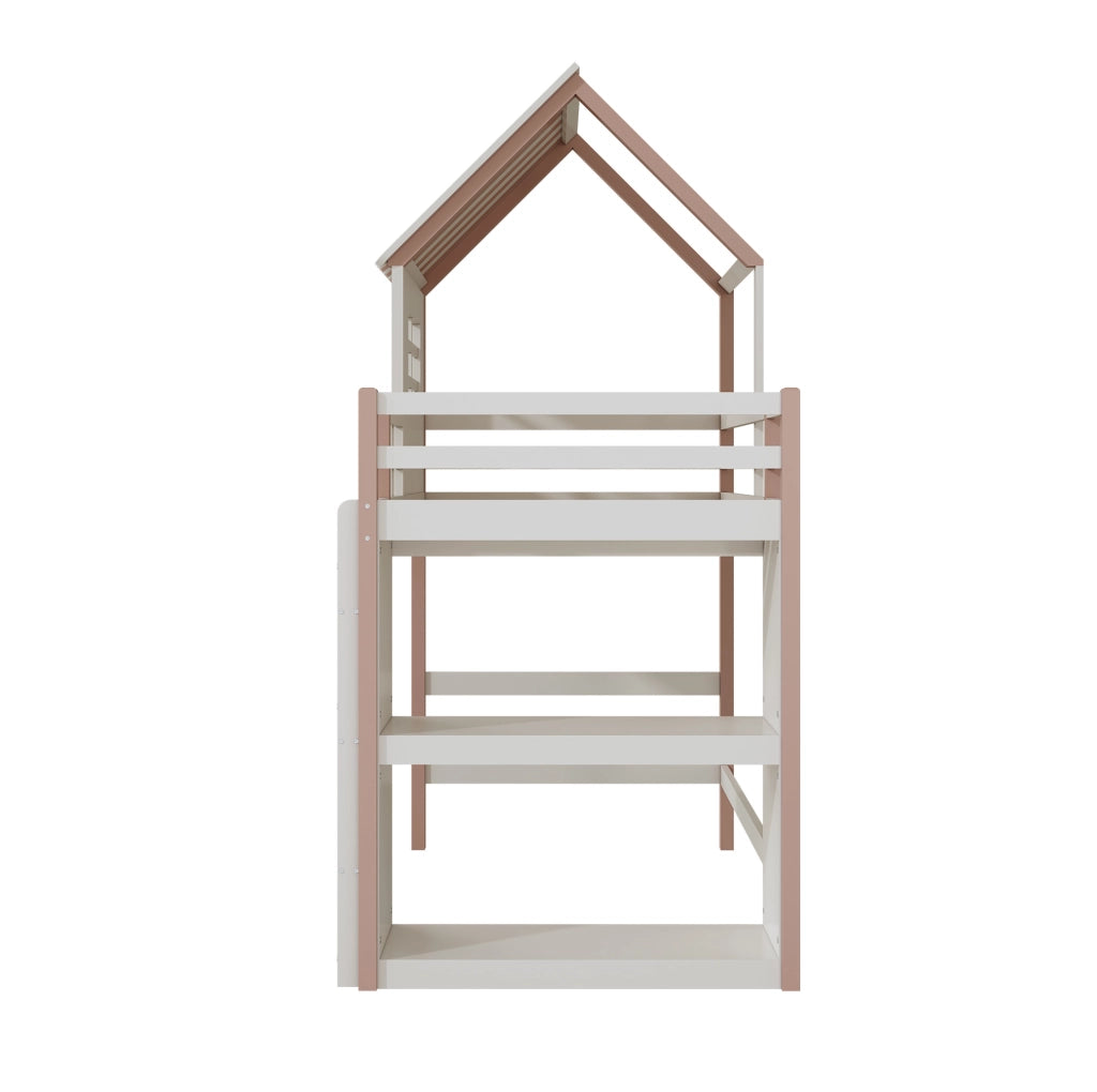 Letto per bambini 90x200 cm in legno massiccio con soppalco e scala di sicurezza rosa