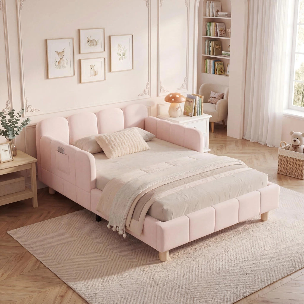 Letto singolo imbottito per bambini 90x200 cm in velluto rosa con testiera ergonomica