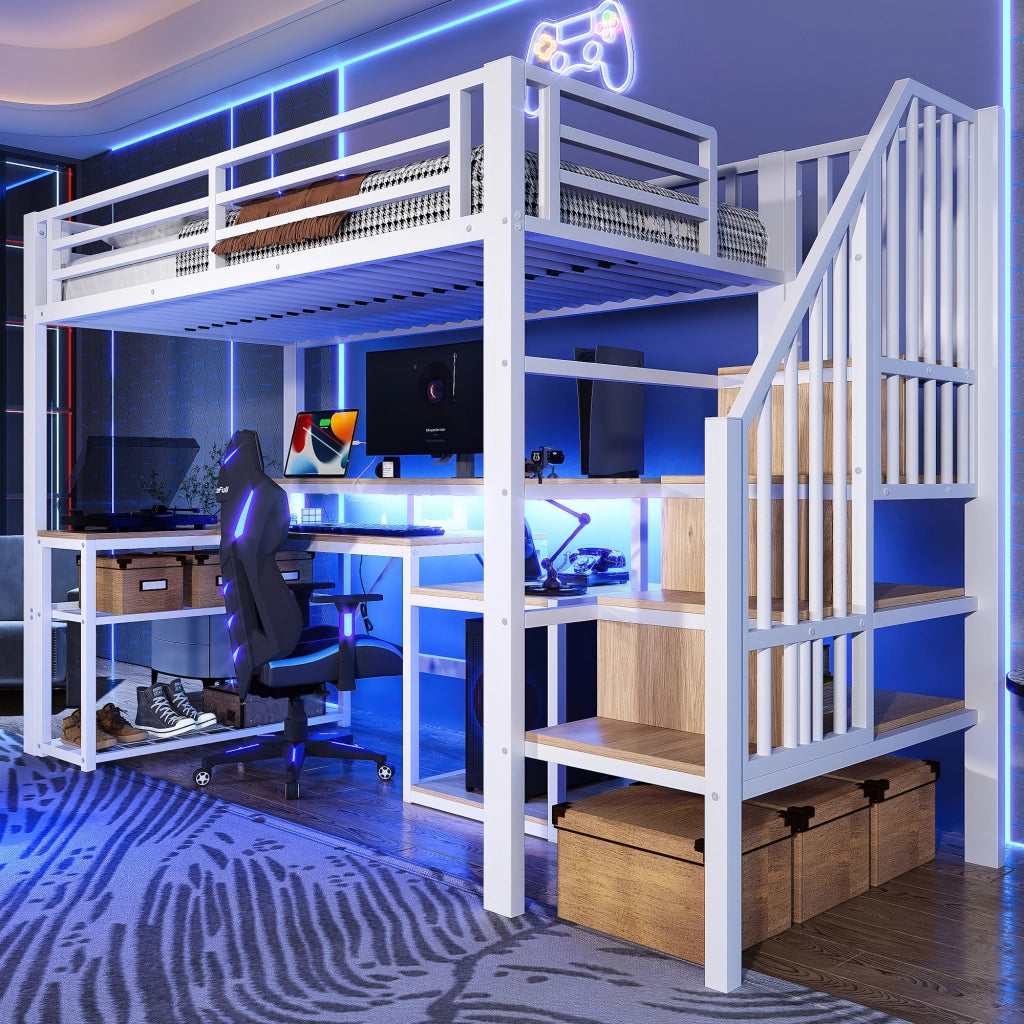 Letto a castello bianco in metallo con funzione scrivania e illuminazione LED 90x200 cm