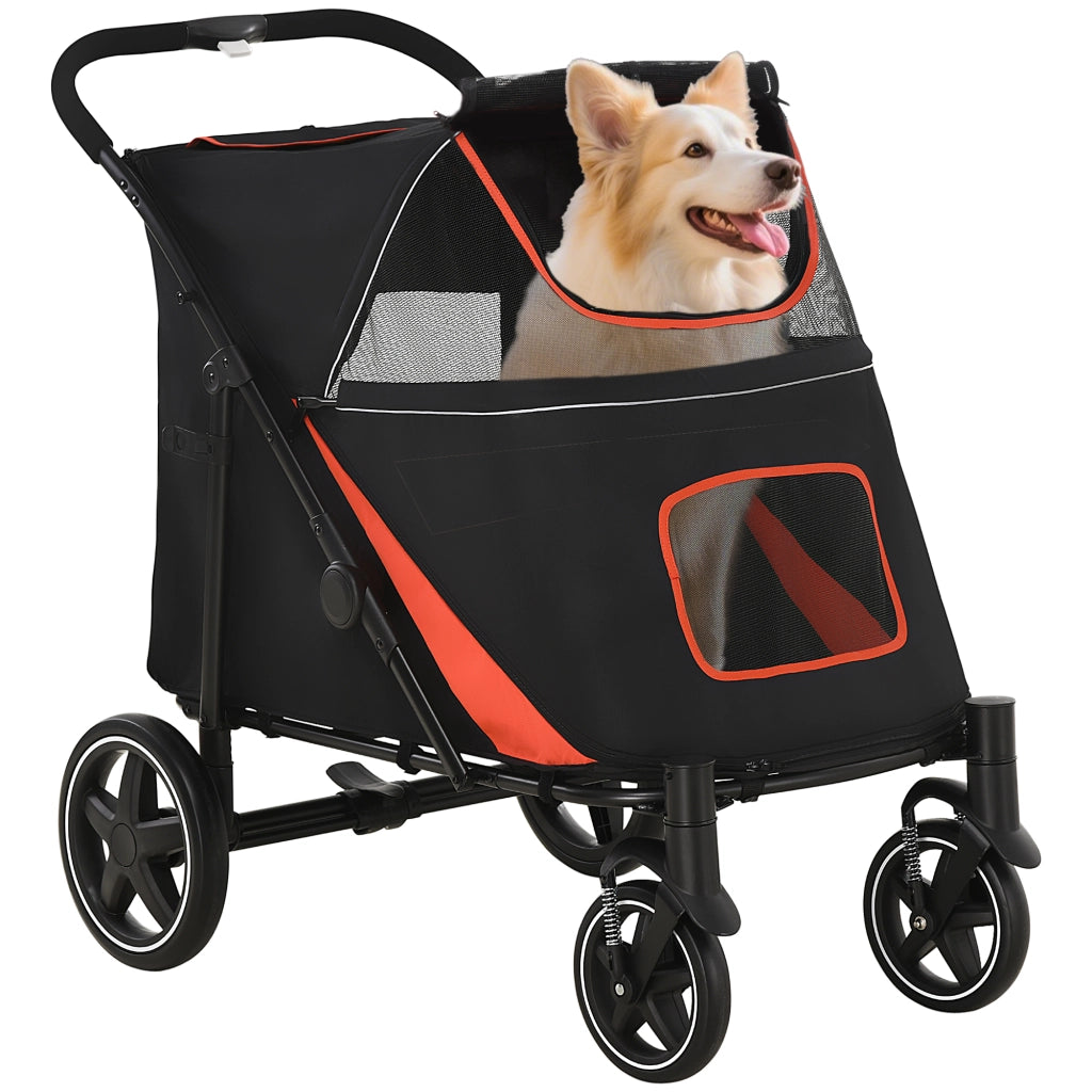 Passeggino per Cani Pieghevole con Ingressi a Cerniera e Finestre a Rete, 112x65x100 cm, Rosso e Nero