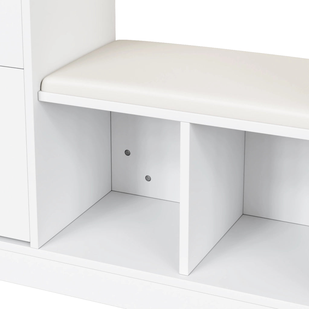 Set guardaroba multifunzionale 6 in 1 con tavolo da toeletta, porta abiti, panca porta scarpe e vetrina con luce LED a colori