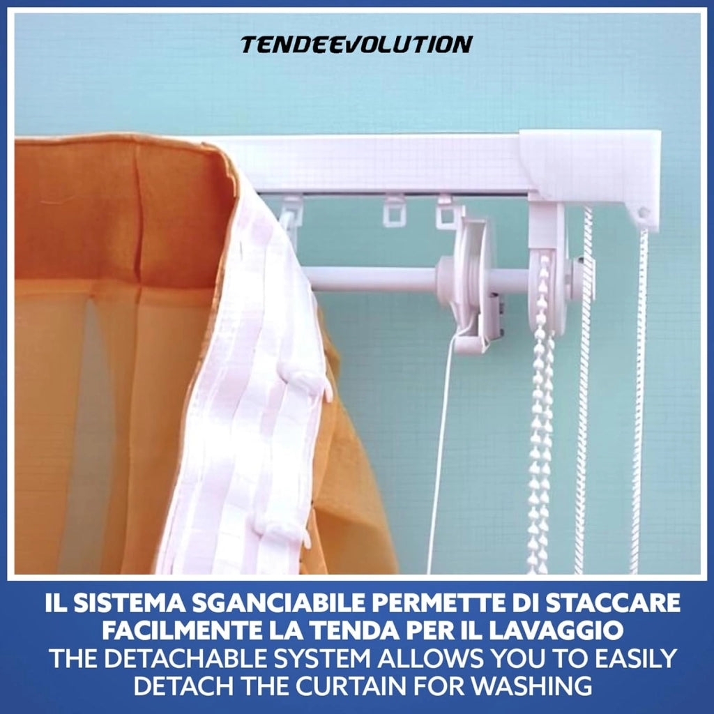 Binario Bastone Tenda a Pacchetto Con Doppio Movimento Apertura Laterale Con 7 Calate Lunghezza 240 CM Comando e ammasso sinistra, Attacco Parete