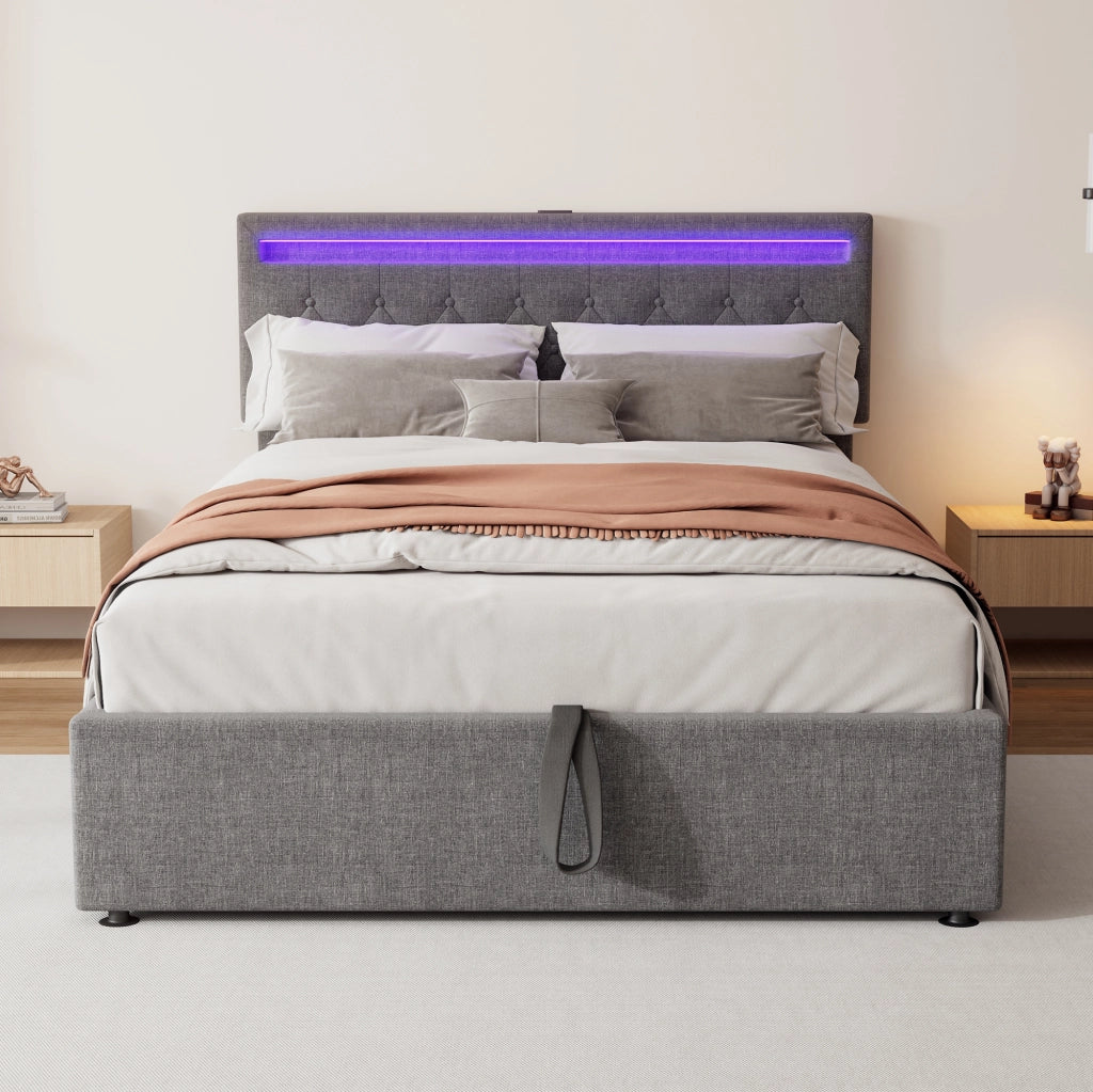Letto contenitore 140 × 200 cm imbottito con sollevamento idraulico LED USB e USB-C in lino grigio