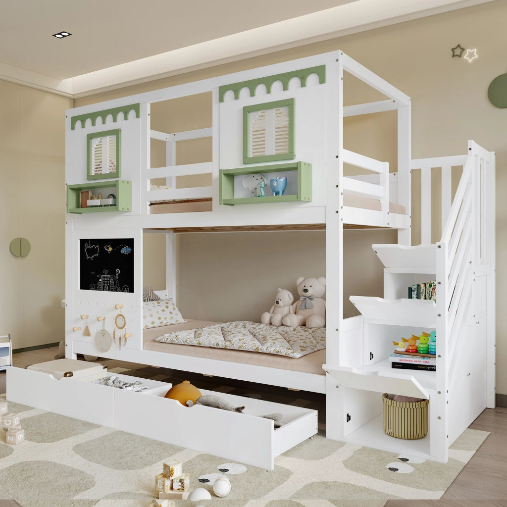 Letto a castello 90x200 cm bianco e verde con 2 cassetti; scala contenitore e pannello con ganci