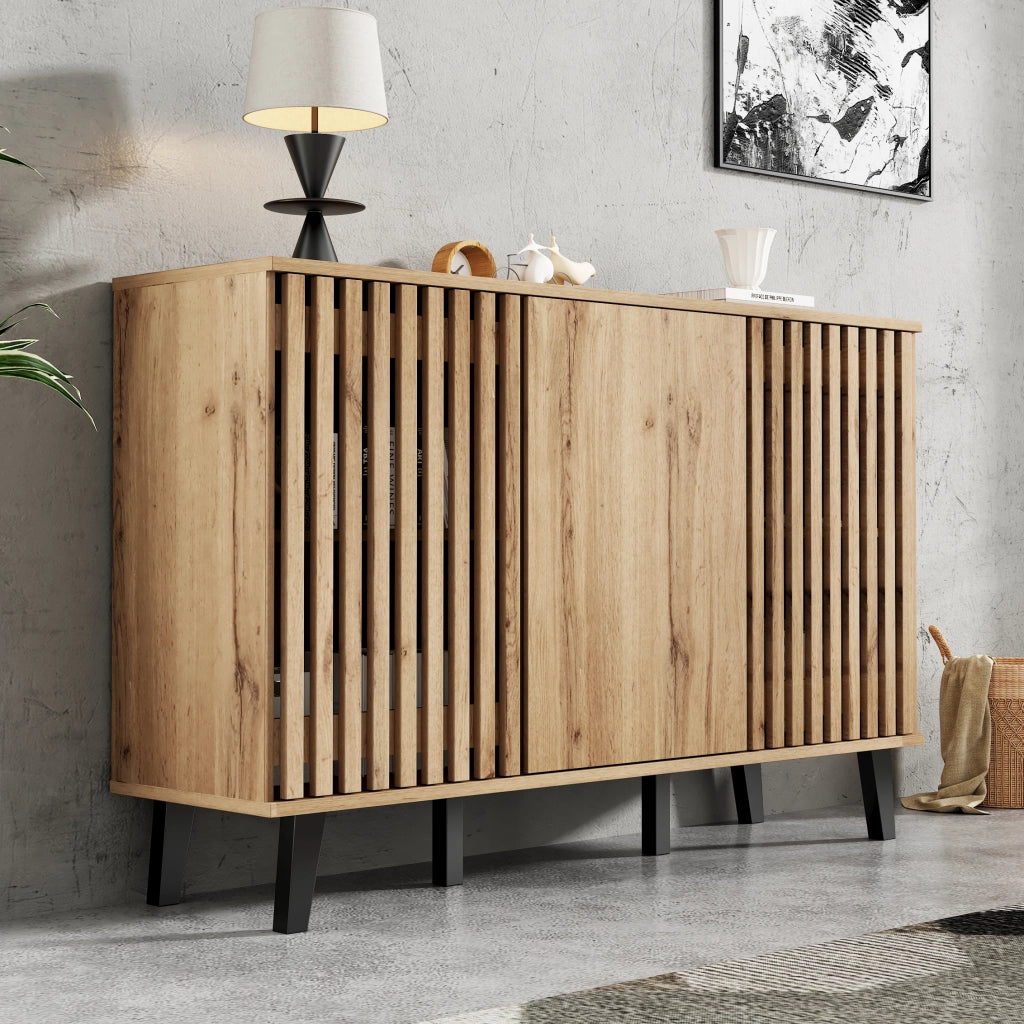Set mobile TV e credenza in truciolare effetto legno naturale con vani e ante
