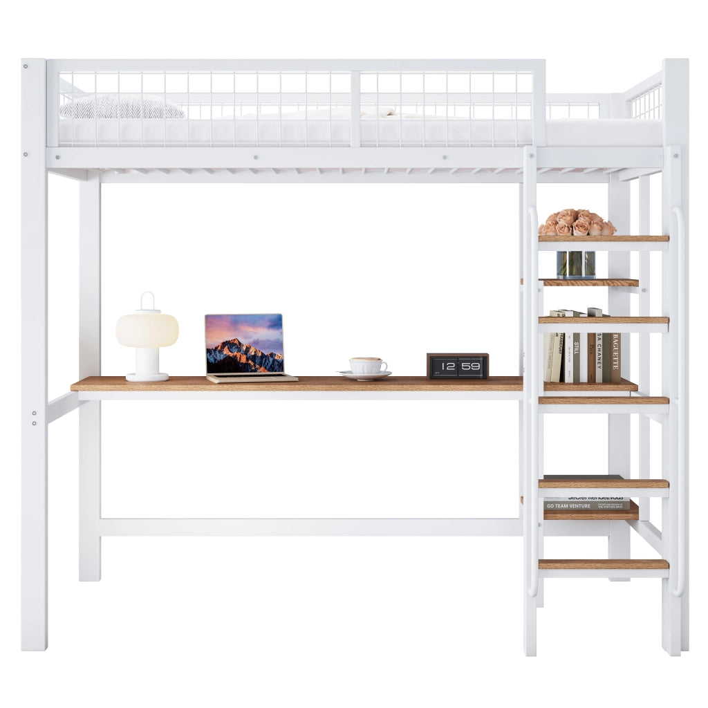 Letto a soppalco 90 × 200 cm con scrivania, scaffali e scala a 5 gradini, senza materasso, bianco naturale