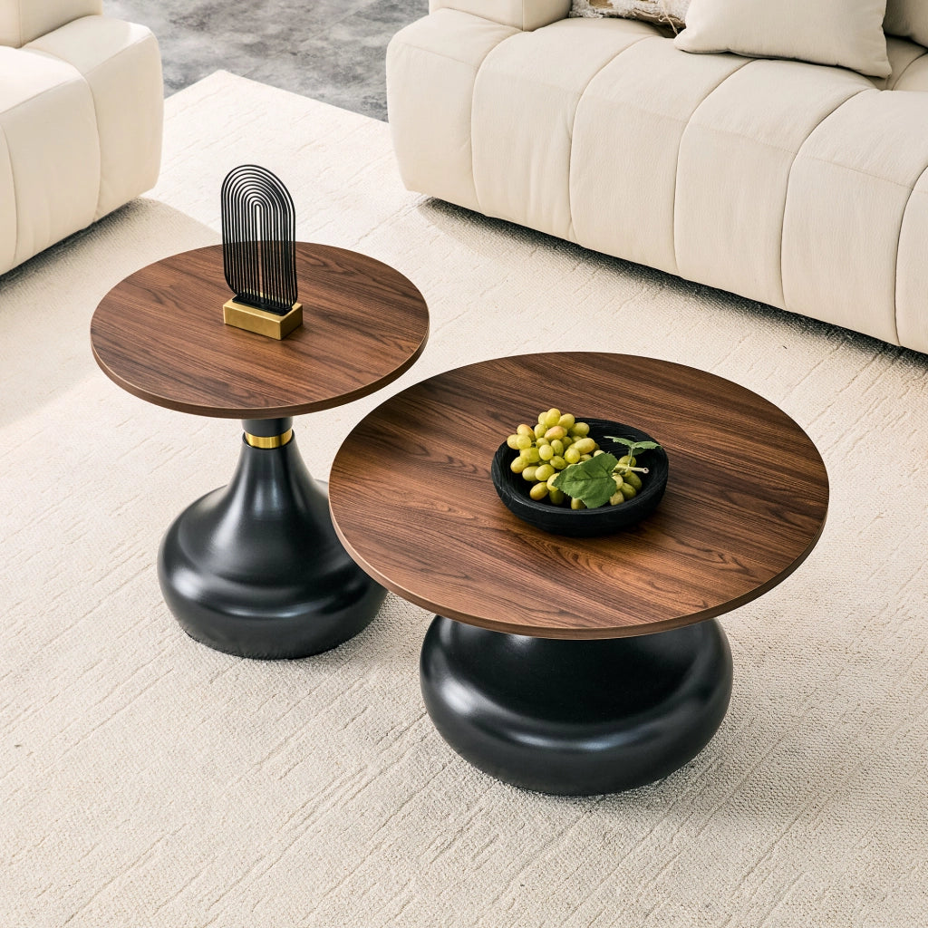 TAVOLINI DA CAFFÈ Set da 2 pezzi Ø70/50 cm Noce e Nero