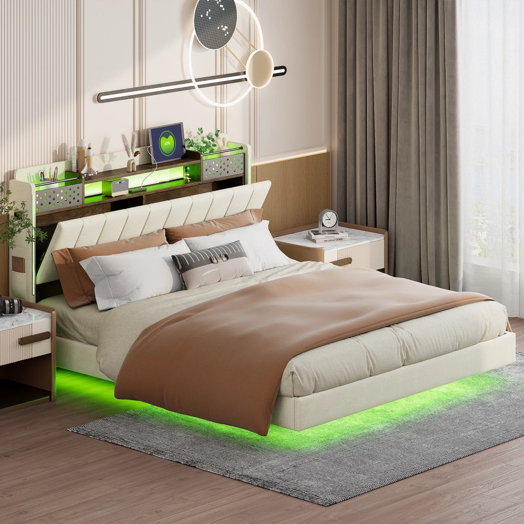Letto imbottito 160 × 200 cm con LED e porta USB testiera con vano contenitore rivestito in tessuto di lino beige
