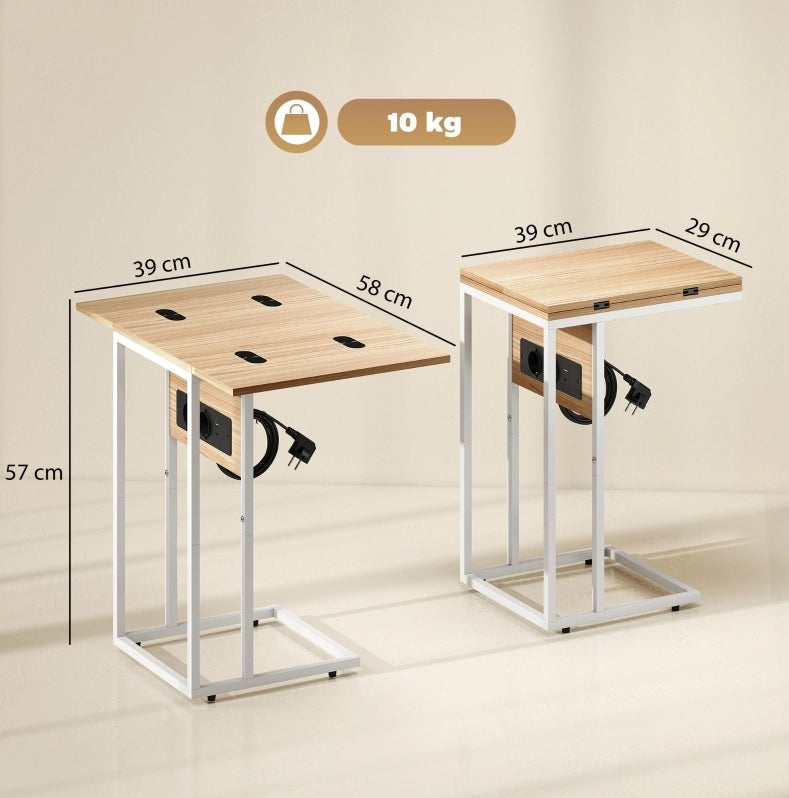 Tavolino pieghevole con stazione di ricarica USB, struttura in metallo bianco, piano in laminato effetto legno 39 x 29 x 57 cm