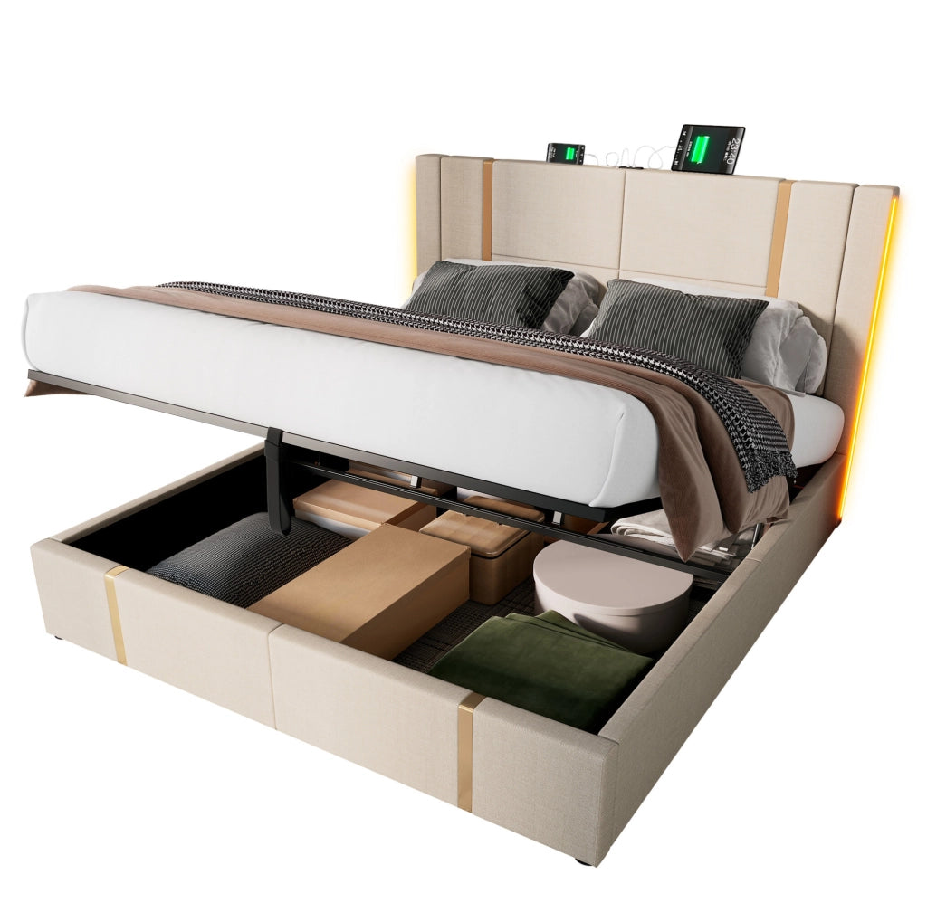 Letto imbottito 140x200 cm con materasso, contenitore, LED, USB e USB-C beige