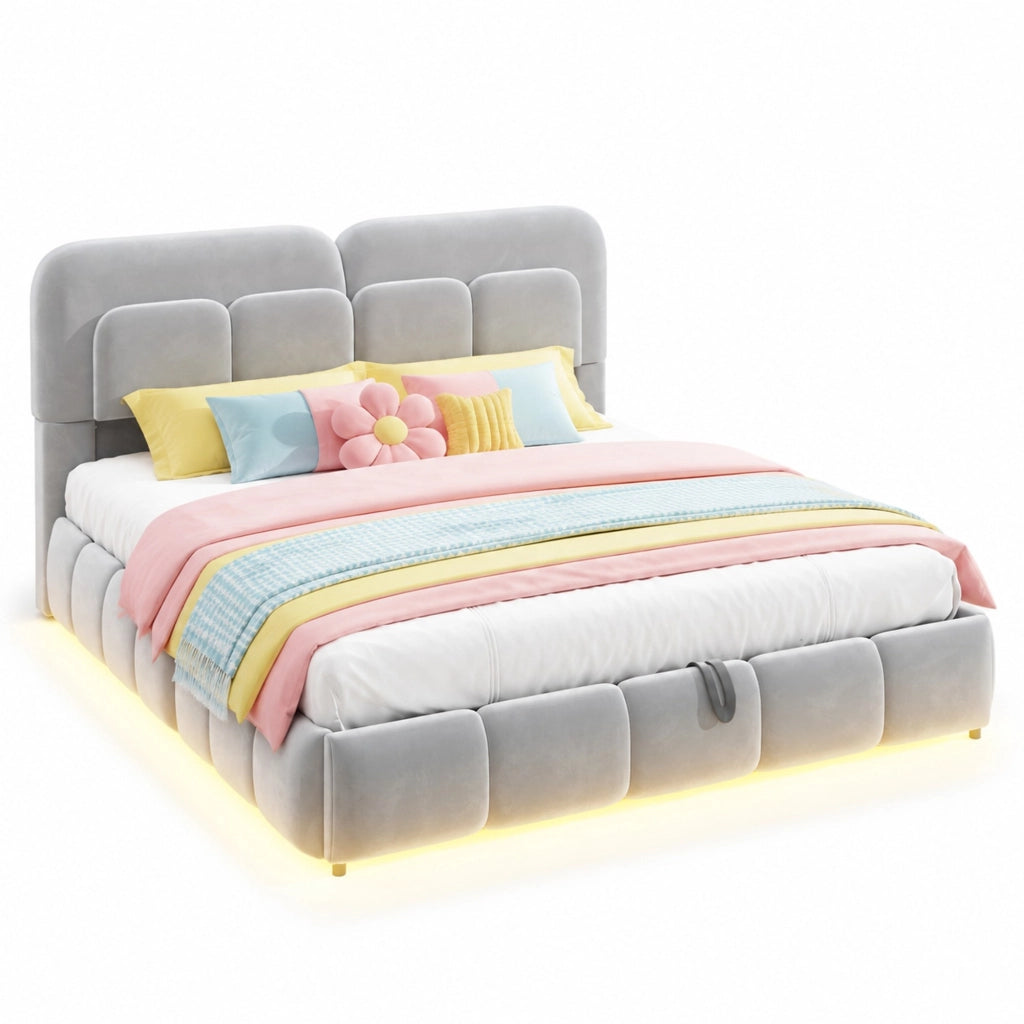 Letto imbottito con contenitore e LED, 140x200 cm, grigio
