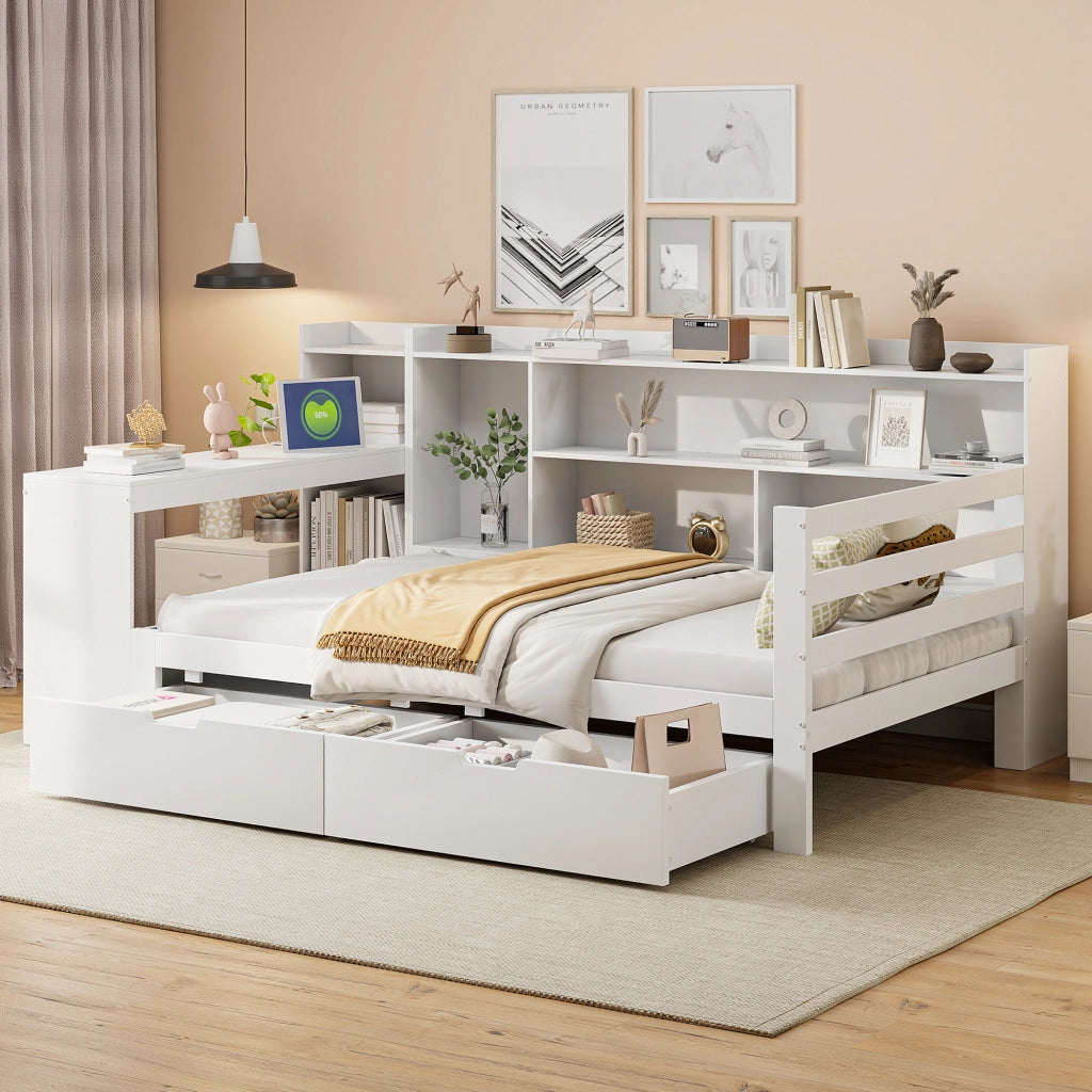 Letto con cassetti 90 × 200 cm con scrivania scaffali prese USB e di corrente rete a doghe in legno bianco