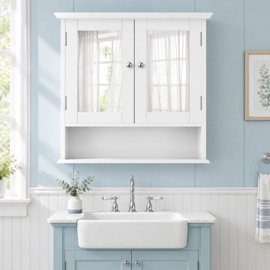 Mobile bagno sospeso 54,6x19,8x60 cm con specchio e ripiani in MDF bianco