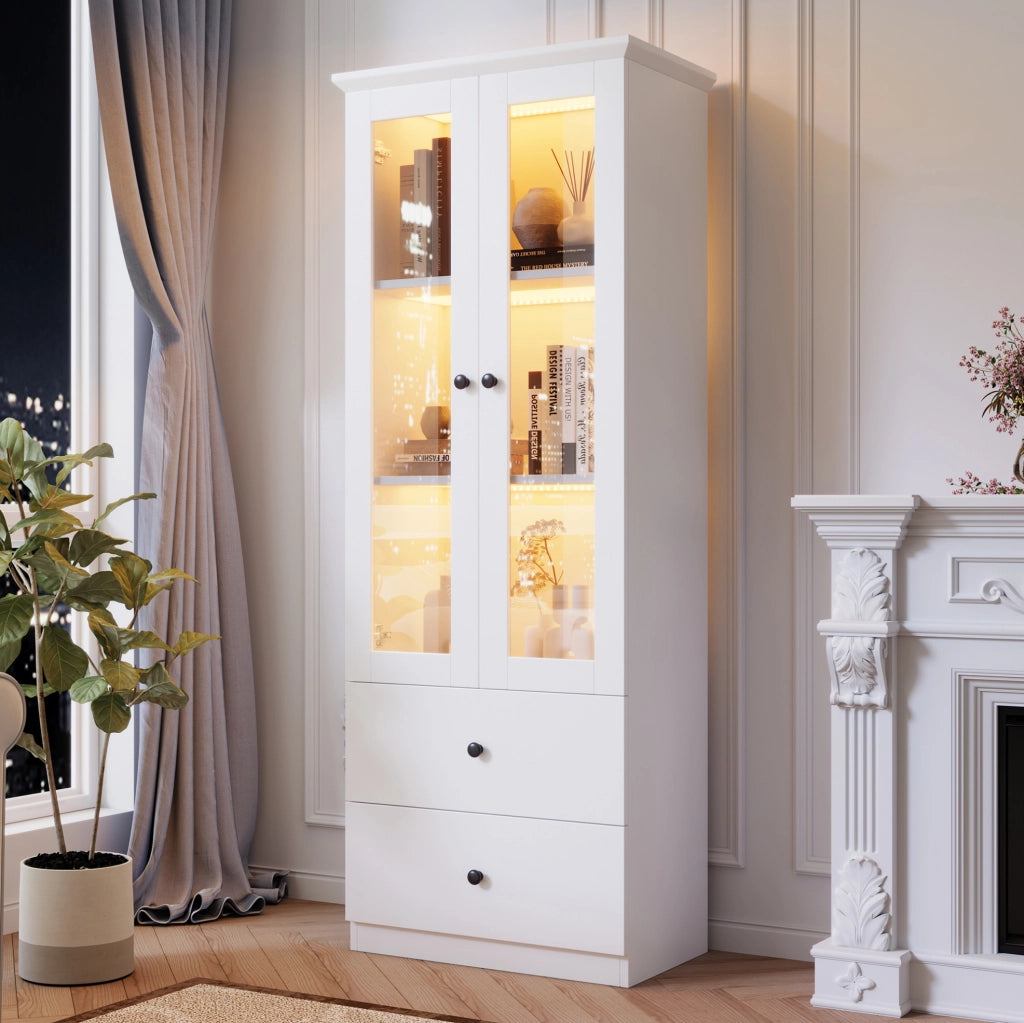 Vetrina 60x35,5x165 cm con LED Bluetooth, 2 cassetti in MDF e truciolare bianco