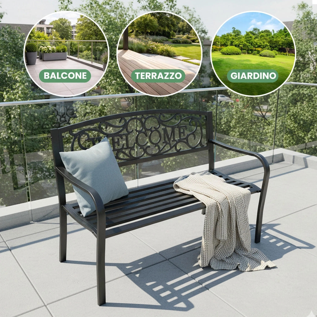 Panchina da giardino nera IRYS con gambe in acciaio e schienale in ghisa larghezza 127 cm
