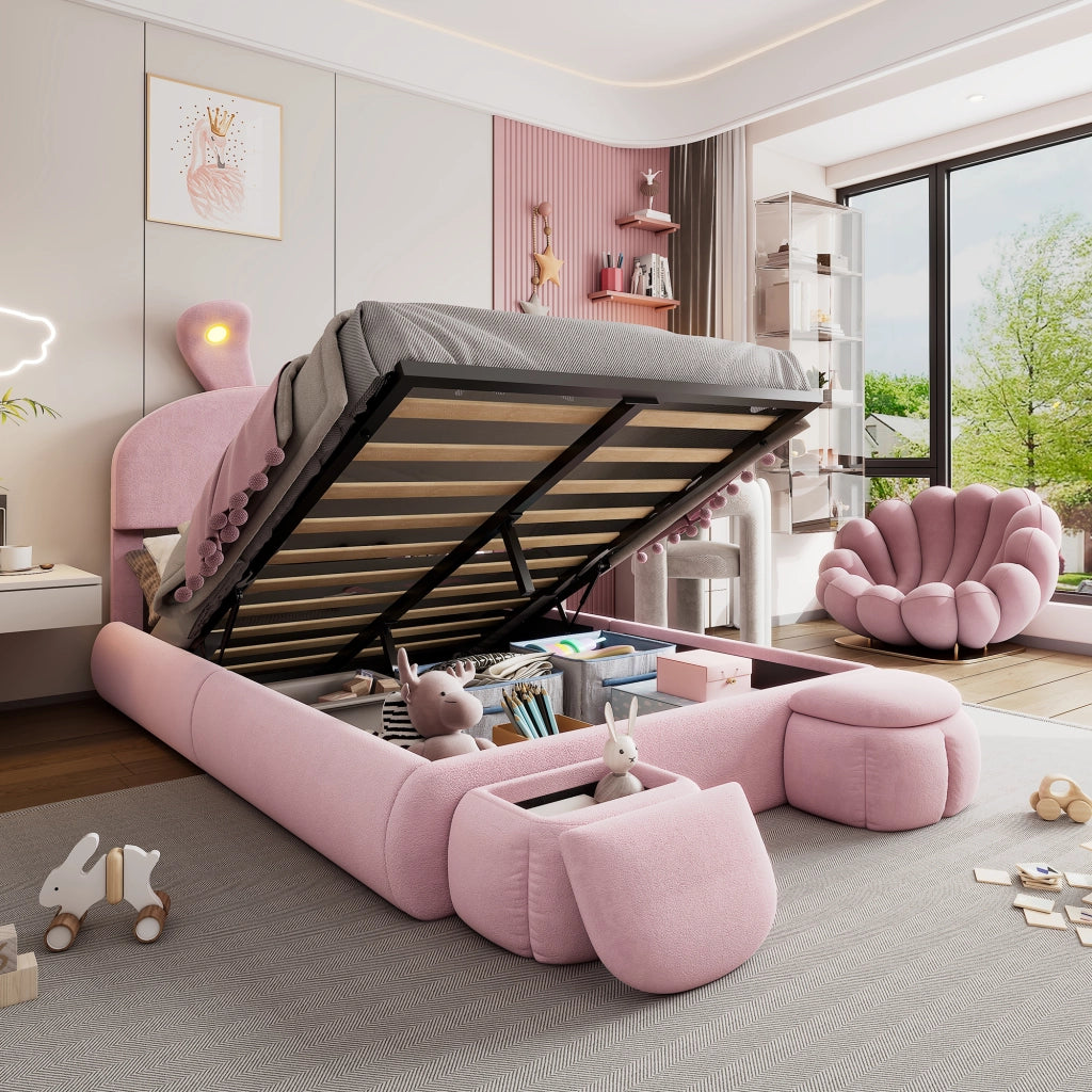 Letto Matrimoniale 140x200 in Velluto Rosa con Contenitore Idraulico e Orecchie da Coniglio