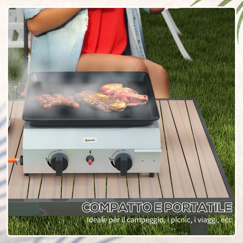 Piastra Barbecue a Gas con 2 Bruciatori Regolabili 4.8kW, Piano Antiaderente Compatto per Giardino ed Esterno, Argento