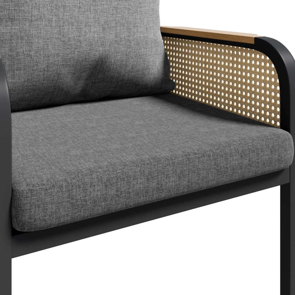 Set da pranzo da esterno con tavolo e 6 sedie in ferro, rattan PE nero e naturale