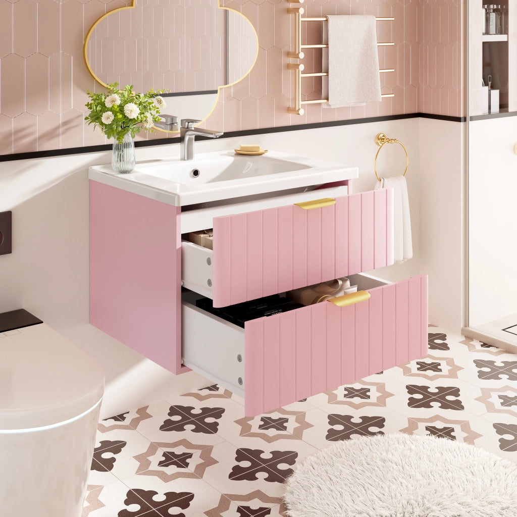 Mobiletto con lavabo in ceramica a due livelli in MDF rosa e bianco con maniglie in metallo 28.3 kg