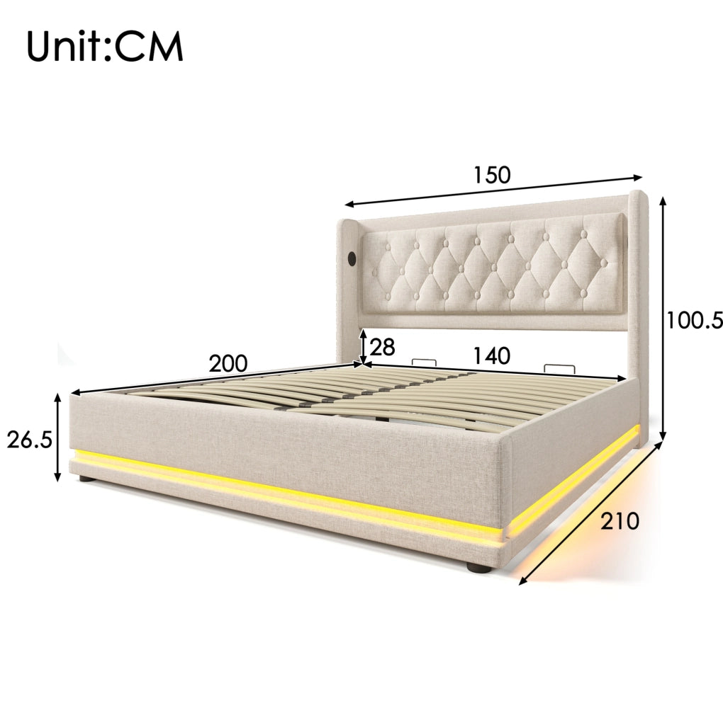 Letto contenitore beige 140 x 200 cm con LED, ricarica USB e Tipo-C