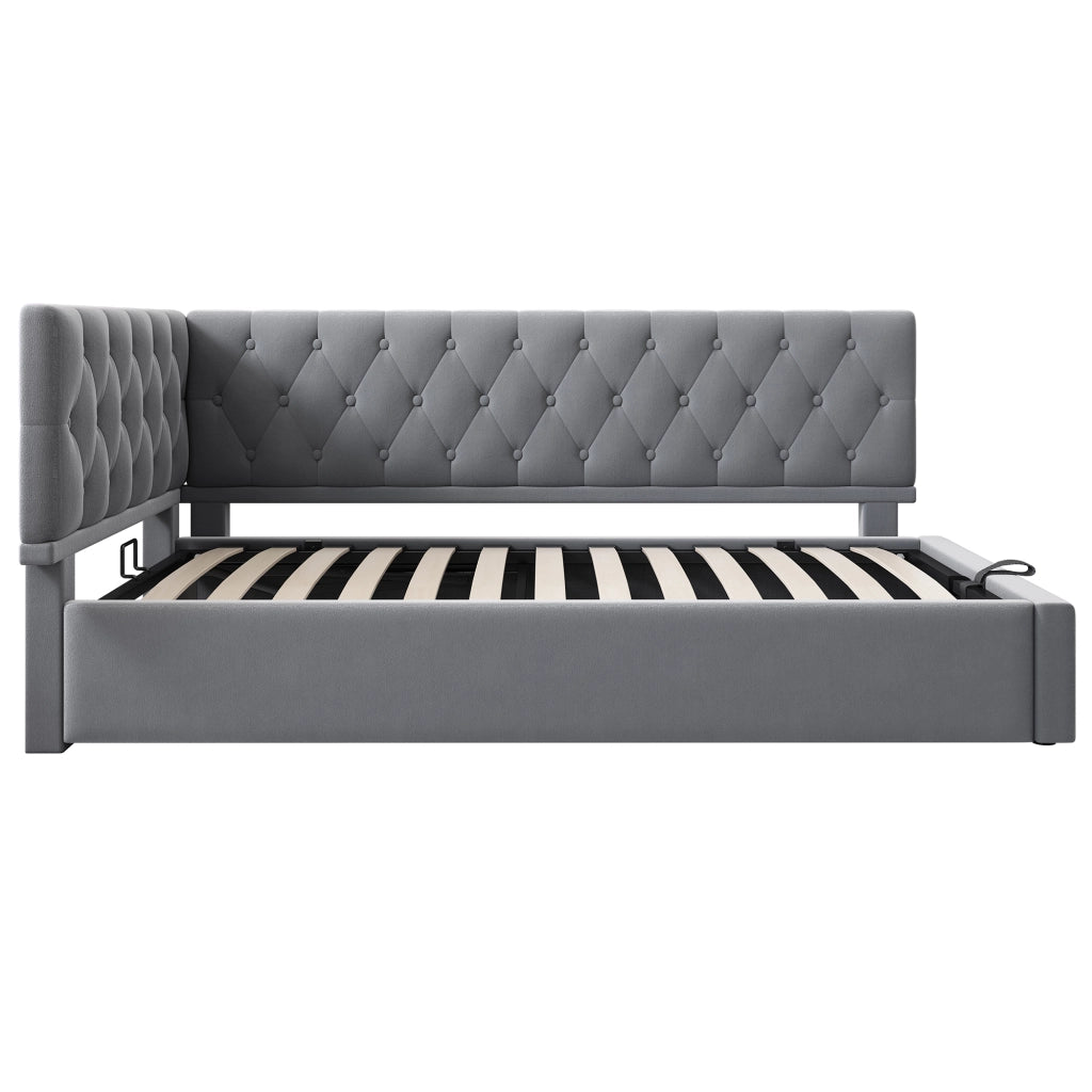 Letto singolo con contenitore 90 × 200 cm in velluto grigio con rete a doghe e testiera reversibile