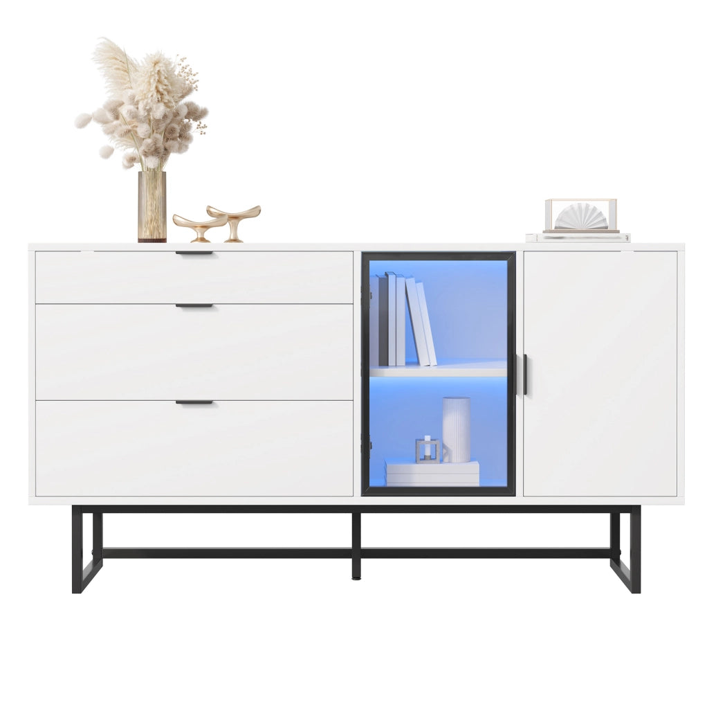 Credenza 160x36x78 cm bianca in MDF e truciolare con LED per sala da pranzo –