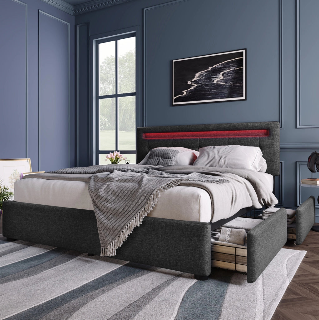 Letto 140x200 cm con LED, 4 cassetti e testiera regolabile in lino grigio