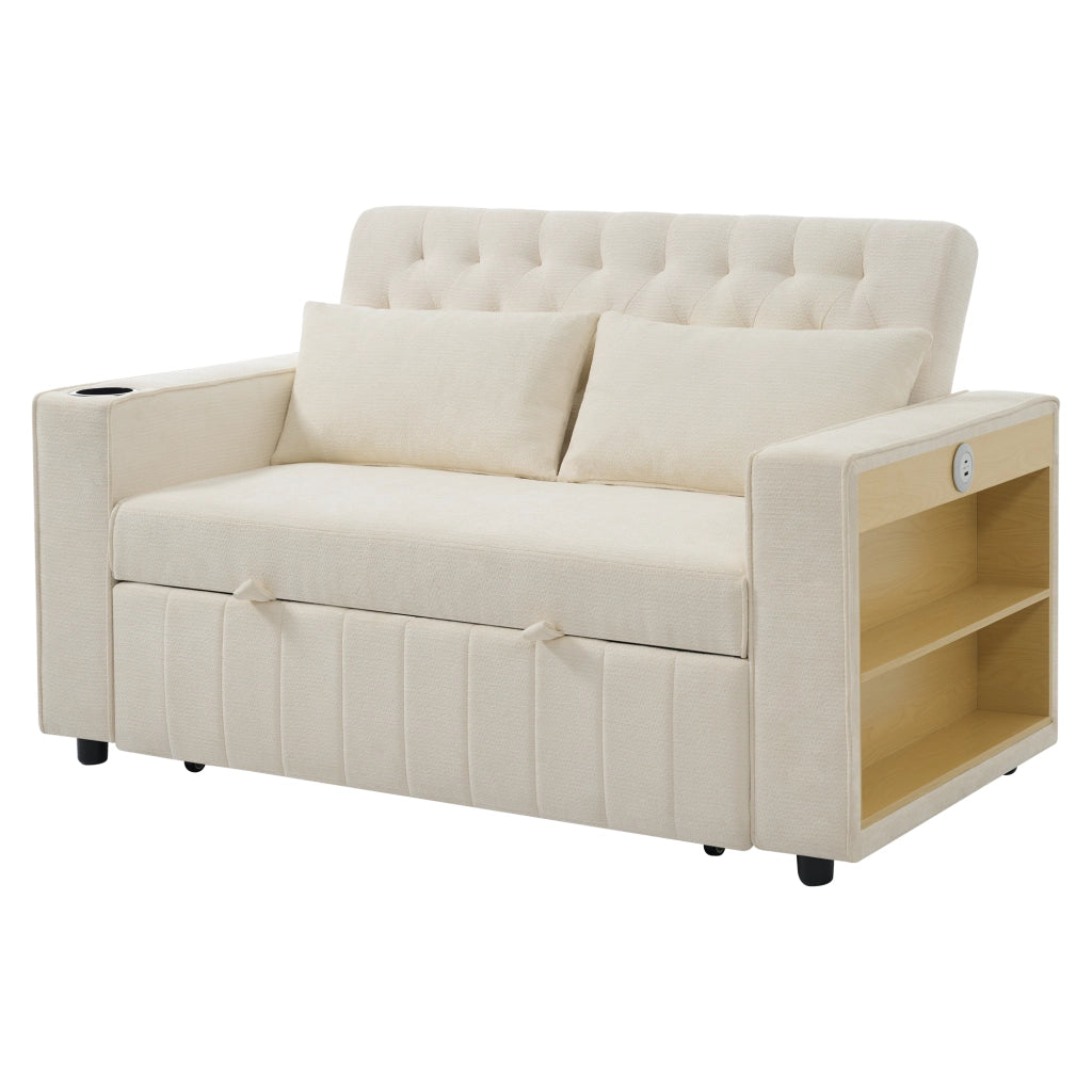 Divano letto 2 posti in ciniglia beige con schienale regolabile, USB, portabevande e 2 cuscini