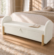 Panca contenitore 146x47x61 cm in boucl¨¦ con MDF e legno massello, bianca