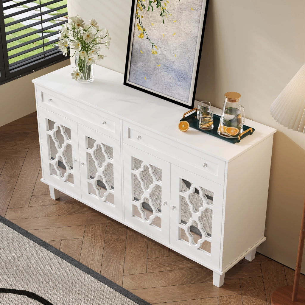 Credenza da 140 cm con 4 ante a specchio e 2 cassetti in MDF bianco