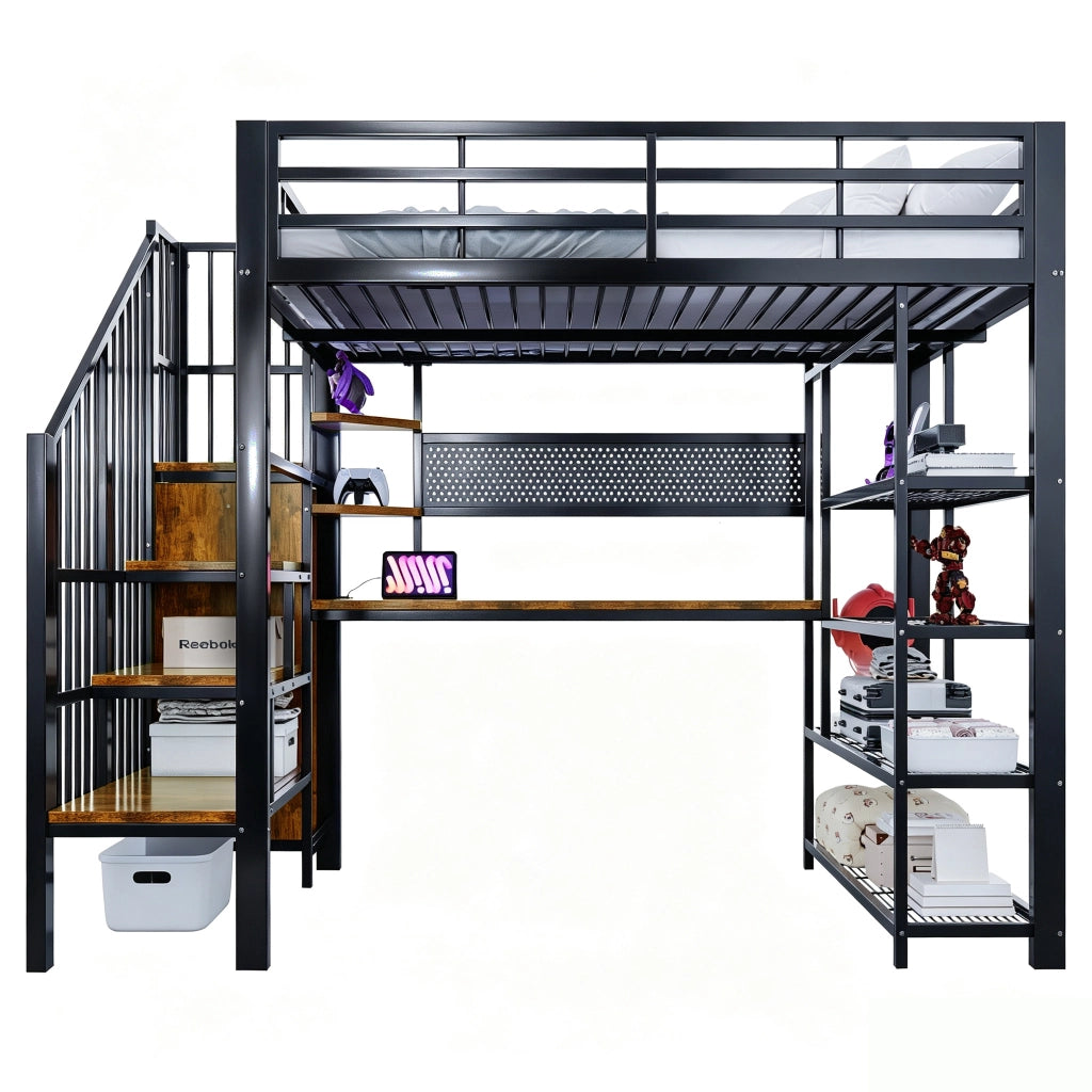 Letto a soppalco 140 × 200 cm con scrivania; scala con vani; LED; presa europea e scaffale in metallo nero