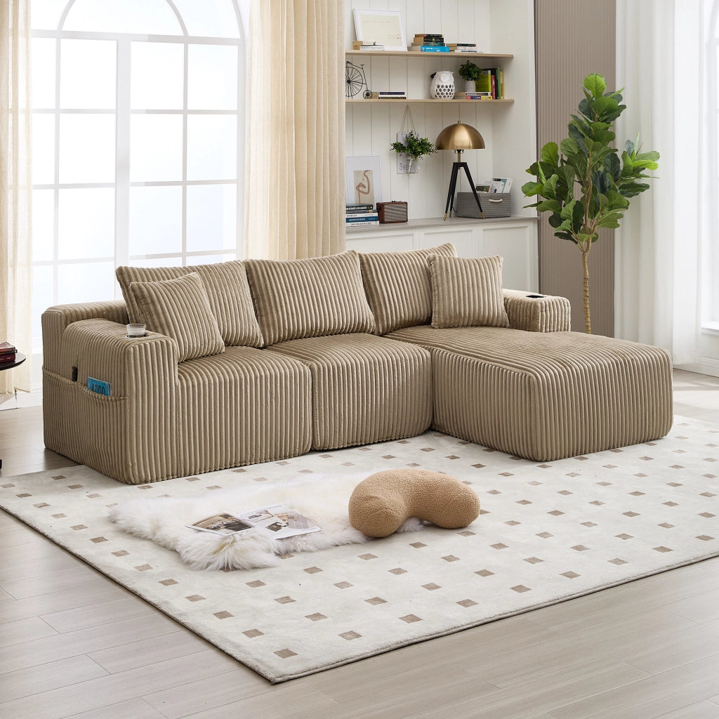Divano modulare con chaise longue e modulo 2 posti in velluto a coste kaki