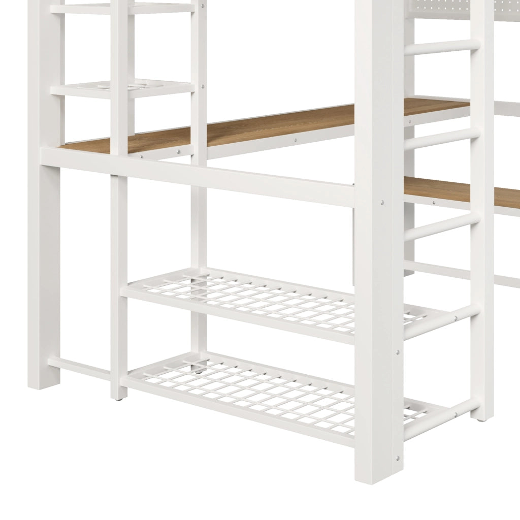 Letto a soppalco 140x200 cm in metallo bianco con scrivania; LED e ripiani HOMVRA