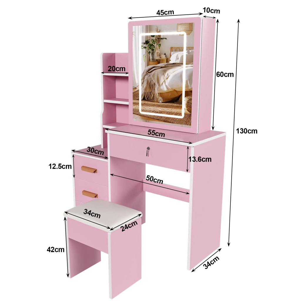 TOLETTA con Specchio LED e Sedia MDF Rosa