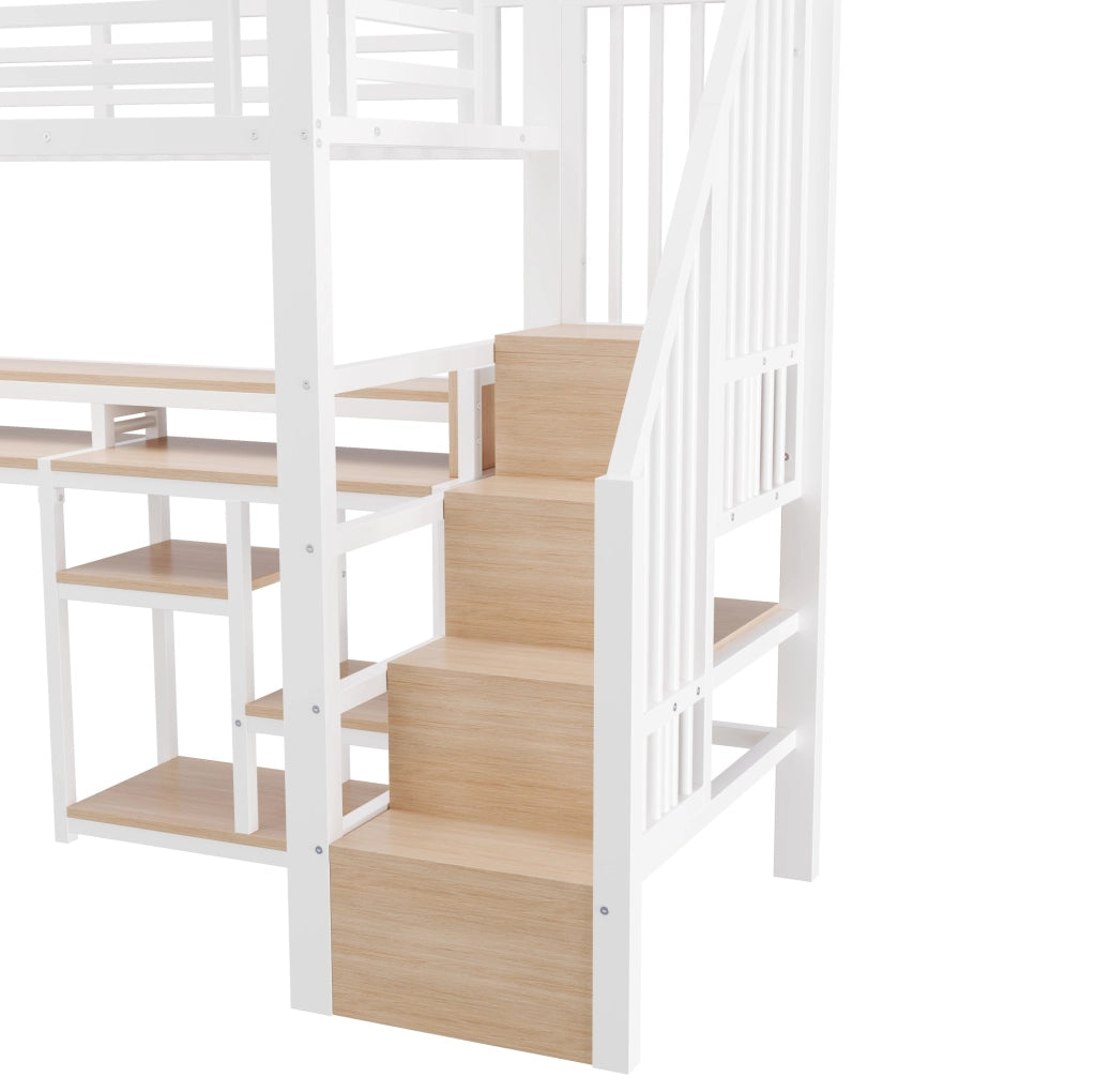 Letto a soppalco in metallo 90x200 cm con scala a armadio, ripiano, USB e Tipo-C, striscia LED, bianco, senza materasso