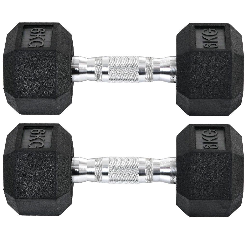 Set di 2 Manubri da 6 kg Esagonali con Presa Antiscivolo e Rivestimento in Gomma. Nero