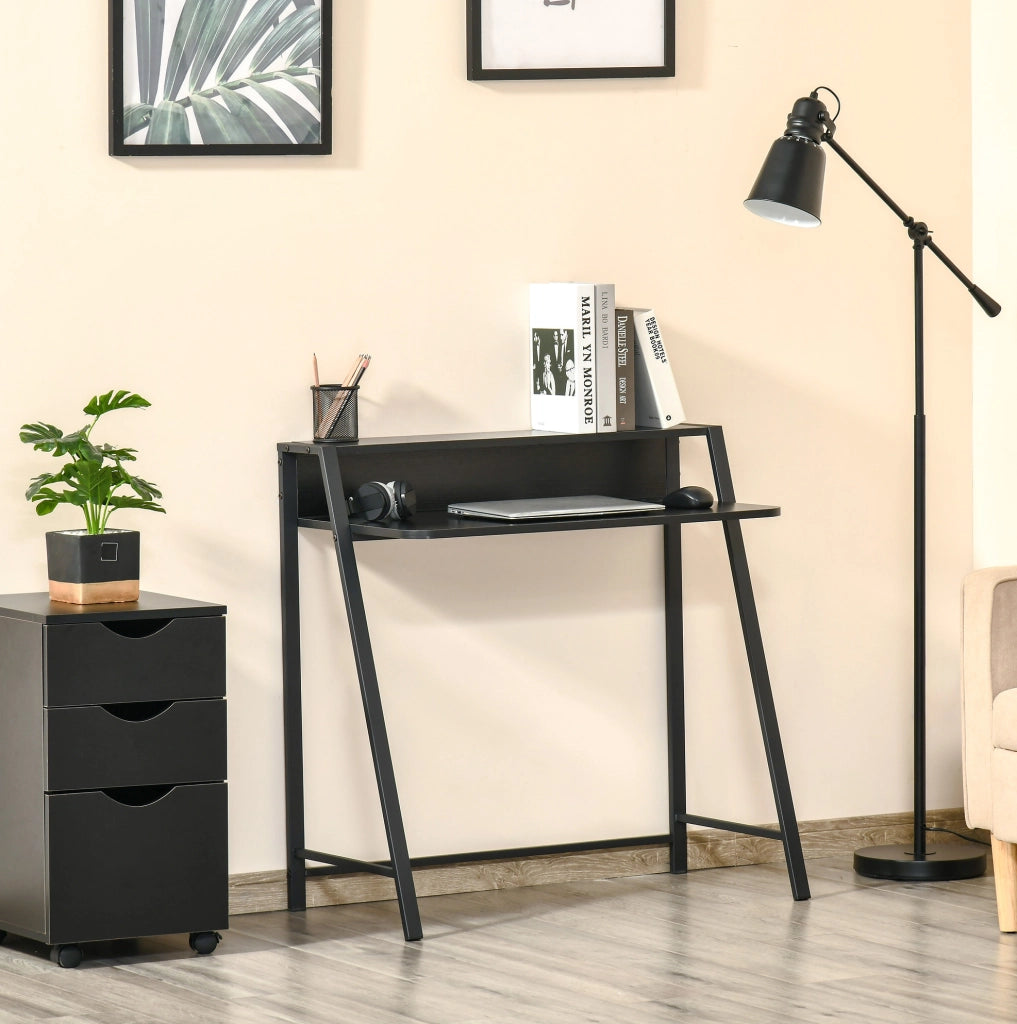 Scrivania minimalista nera in metallo con ripiano e gestione cavi 84x45x85 cm per ufficio e studio
