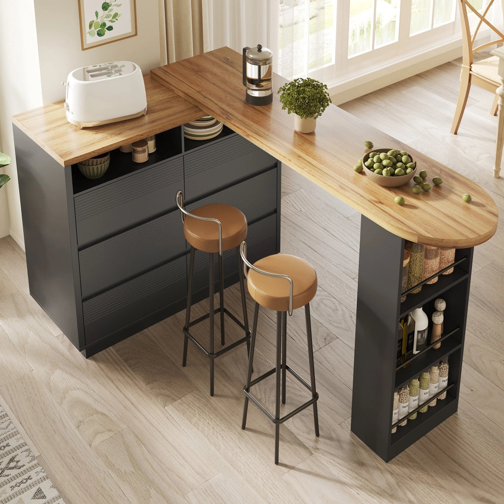 Tavolo alto allungabile girevole con 6 cassetti e ripiano laterale in MDF nero 137 × 39 × 102.3 cm