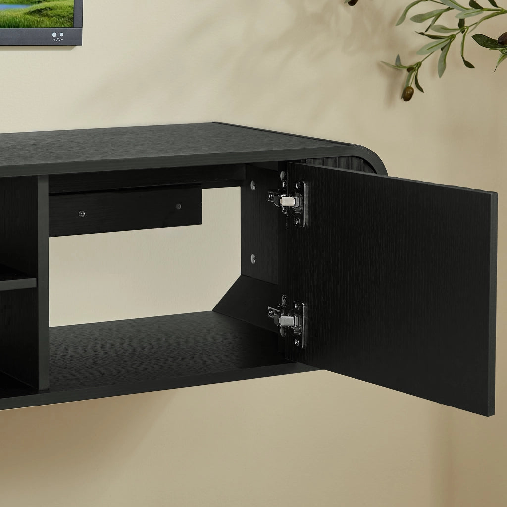 Mobile TV sospeso 160x38x30 cm con vani aperti e passacavi in truciolare nero