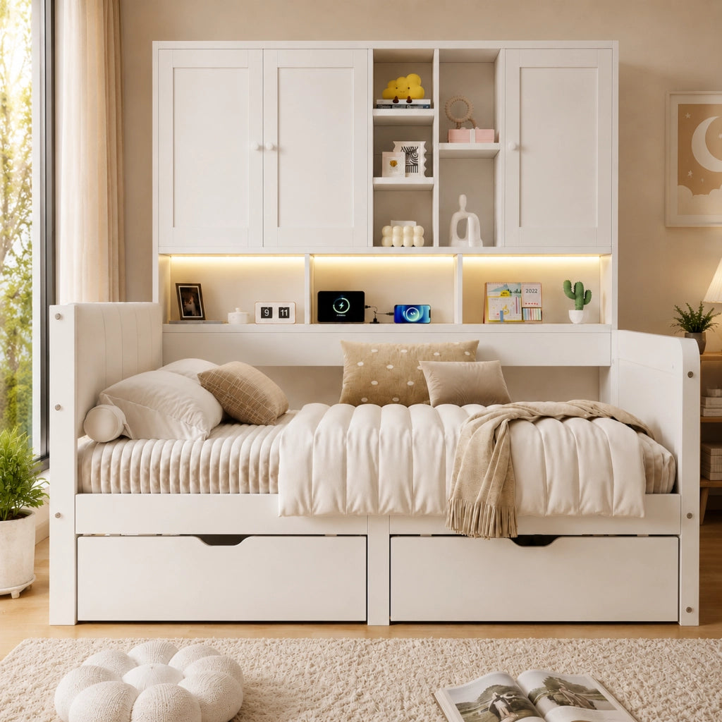Letto per bambini 90x200 cm con LED; USB e USB-C; presa; cassetti e ripiani in MDF bianco