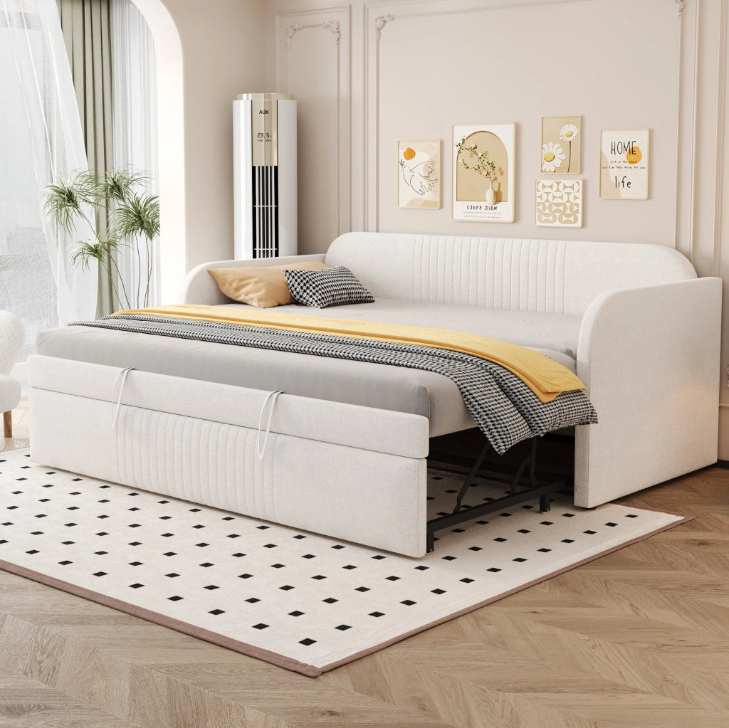 Divano letto imbottito estensibile con rete a doghe, beige