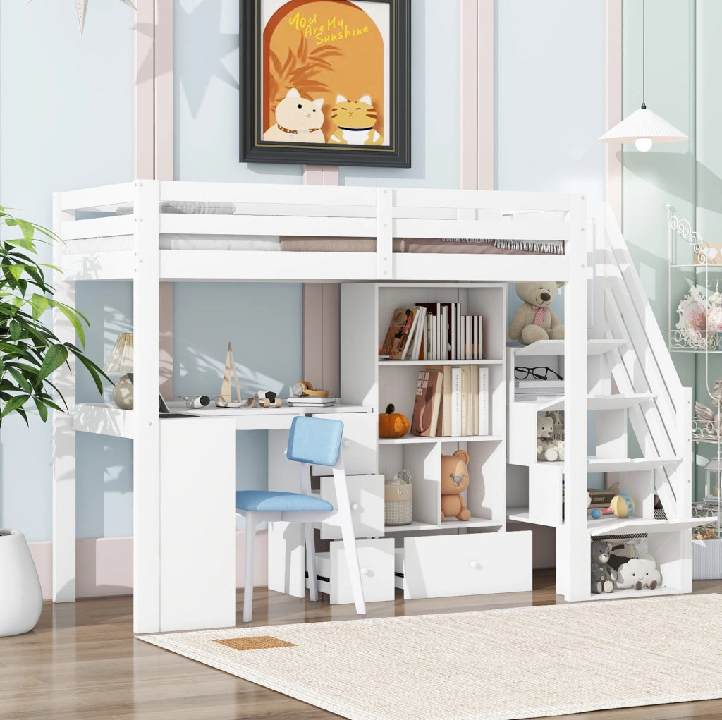 Letto a soppalco per bambini 90x200 cm bianco con scrivania, pino e MDF