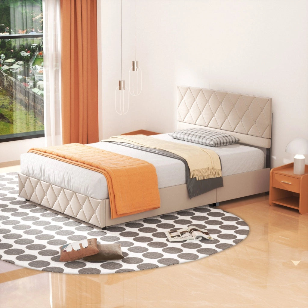 Letto matrimoniale imbottito in velluto beige 160 × 200 cm